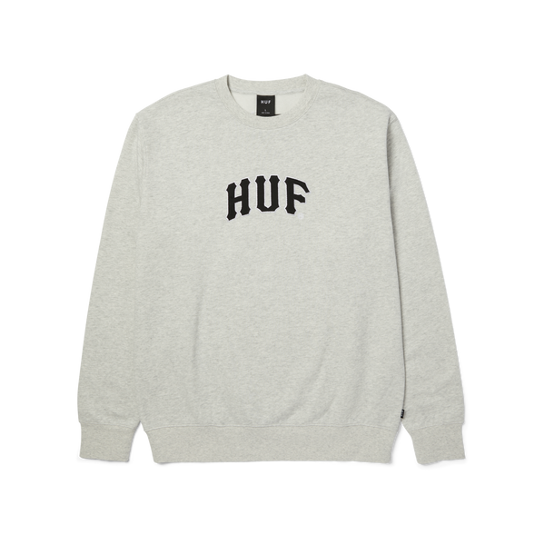 HUF Arch Appliqué Crewneck Heather Grey sweater met geborduurd HUF-logo