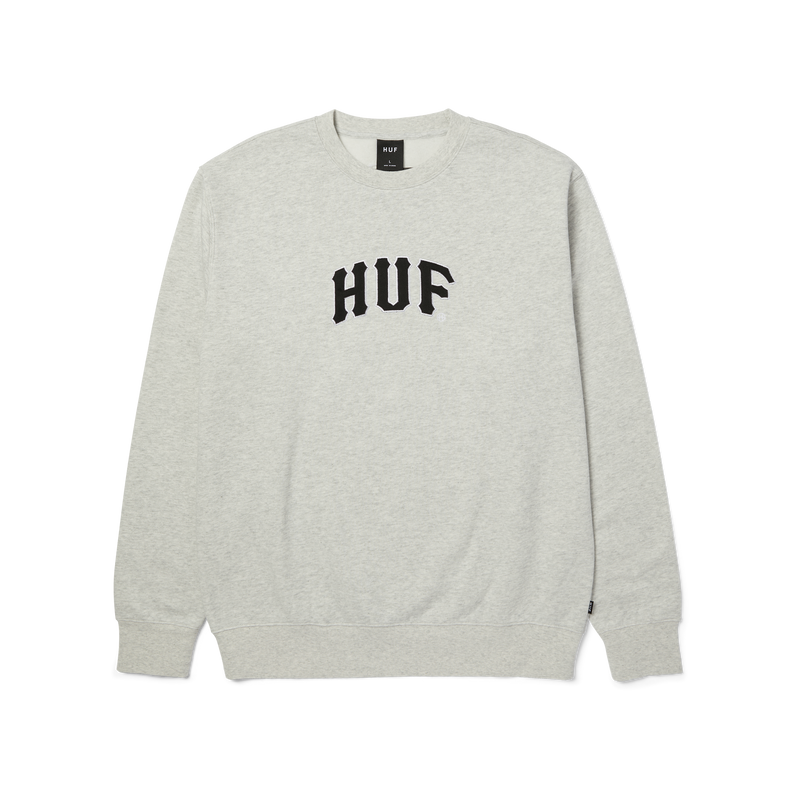 HUF Arch Appliqué Crewneck Heather Grey sweater met geborduurd HUF-logo
