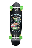 Globe Big Blazer Cruiserboard Good Times Roll, diamond tail cruiser met Resin-7 hard rock maple deck, Tensor alloy trucks en ingebouwde flesopener, neon graphic van Jamie Browne, 32 inch, verkrijgbaar bij Revert 95 Haarlem
