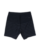 RVCA Steady Stripe Trunk, 94% recycled polyester 6% elastane 18 inch boardshort met zip-fly drawcord closure side seam pockets back welt pockets met interior pocket bag motor patch op linkerbeen en clean stripe patroon in regular fit mid-rise waist verkrijgbaar in Aloe en Black, verkrijgbaar bij Revert 95 Haarlem