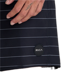 RVCA Steady Stripe Trunk, 94% recycled polyester 6% elastane 18 inch boardshort met zip-fly drawcord closure side seam pockets back welt pockets met interior pocket bag motor patch op linkerbeen en clean stripe patroon in regular fit mid-rise waist verkrijgbaar in Aloe en Black, verkrijgbaar bij Revert 95 Haarlem