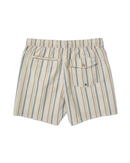 RVCA Exotica Seersucker Elastic 17 inch Short in Light Khaki Stripes, polyester seersucker short met elasticated waist adjustable drawcord schuine frontpockets grote mesh side pockets back pocket met flap en button closure drain eyelet en Exotica label op linkerbeen in gedempte kaki stripe colorway, verkrijgbaar bij Revert 95 Haarlem