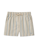 RVCA Exotica Seersucker Elastic 17 inch Short in Light Khaki Stripes, polyester seersucker short met elasticated waist adjustable drawcord schuine frontpockets grote mesh side pockets back pocket met flap en button closure drain eyelet en Exotica label op linkerbeen in gedempte kaki stripe colorway, verkrijgbaar bij Revert 95 Haarlem
