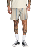 RVCA Exotica Seersucker Elastic 17 inch Short in Light Khaki Stripes, polyester seersucker short met elasticated waist adjustable drawcord schuine frontpockets grote mesh side pockets back pocket met flap en button closure drain eyelet en Exotica label op linkerbeen in gedempte kaki stripe colorway, verkrijgbaar bij Revert 95 Haarlem