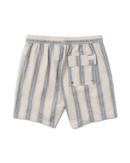 RVCA Sands Elastic 17 inch Short in Ceramic, cotton-linen blend breathable vintage-soft zomershort met allover striped pattern elasticated waist adjustable drawcord side seam pockets back flap pocket velcro closure Vacancy label en Mini Motors patch in gedempte crème Ceramic colorway, verkrijgbaar bij Revert 95 Haarlem
