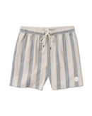 RVCA Sands Elastic 17 inch Short in Ceramic, cotton-linen blend breathable vintage-soft zomershort met allover striped pattern elasticated waist adjustable drawcord side seam pockets back flap pocket velcro closure Vacancy label en Mini Motors patch in gedempte crème Ceramic colorway, verkrijgbaar bij Revert 95 Haarlem

