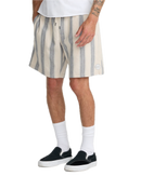 RVCA Sands Elastic 17 inch Short in Ceramic, cotton-linen blend breathable vintage-soft zomershort met allover striped pattern elasticated waist adjustable drawcord side seam pockets back flap pocket velcro closure Vacancy label en Mini Motors patch in gedempte crème Ceramic colorway, verkrijgbaar bij Revert 95 Haarlem
