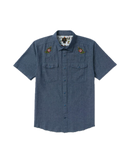 RVCA Rosa Chambray Shirt in Indigo, lichtgewicht 100% katoenen chambray overhemdje met Rosa botanische print regular fit en kort mouw button-up sluiting, verkrijgbaar bij Revert 95 Haarlem