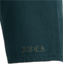 RVCA Kaleb 5 Pocket Short 21 inch in Hunter Green, relaxed fit katoenen walkshort met 5-pocket design chainstitch VA borduursels en artwork van ANP kunstenaar Kaleb Ressler, verkrijgbaar bij Revert 95 Haarlem