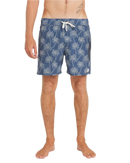 RVCA Exotica Elastic 2 Swim Short 16 inch in Dark Denim, 4-way stretch cocotex fabric 53% recycled polyester 32% polyester 9% elastane 6% cotton wrinkle-resistant quick dry short met faux fly side seam pockets back patch pockets triple-needle stitching en art label in diepe indigo Dark Denim colorway, verkrijgbaar bij Revert 95 Haarlem