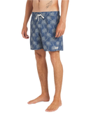 RVCA Exotica Elastic 2 Swim Short 16 inch in Dark Denim, 4-way stretch cocotex fabric 53% recycled polyester 32% polyester 9% elastane 6% cotton wrinkle-resistant quick dry short met faux fly side seam pockets back patch pockets triple-needle stitching en art label in diepe indigo Dark Denim colorway, verkrijgbaar bij Revert 95 Haarlem
