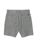 RVCA Back In Hybrid Short in Athletic Heather, 48% cotton 42% polyester 10% elastane 4-way stretch heathered fabric hybrid walkshort met peached finish DWR coating 19 inch outseam zipper fly RVCA button closure side slash pockets en back pocket in gemêleerde grijze Athletic Heather colorway, verkrijgbaar bij Revert 95 Haarlem