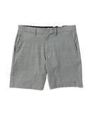 RVCA Back In Hybrid Short in Athletic Heather, 48% cotton 42% polyester 10% elastane 4-way stretch heathered fabric hybrid walkshort met peached finish DWR coating 19 inch outseam zipper fly RVCA button closure side slash pockets en back pocket in gemêleerde grijze Athletic Heather colorway, verkrijgbaar bij Revert 95 Haarlem