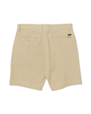 RVCA Back In Hybrid Short in Khaki, 48% cotton 42% polyester 10% elastane 4-way stretch heathered fabric hybrid walkshort met peached finish DWR coating 19 inch outseam zipper fly RVCA button closure side slash pockets en back pocket in warme aardse Khaki colorway, verkrijgbaar bij Revert 95 Haarlem