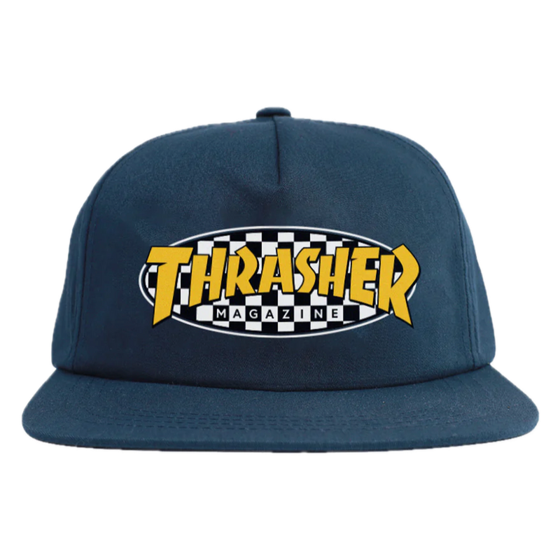 Thrasher Checkered Oval Snapback – zwarte snapback cap met geborduurd Thrasher Checkered Oval-logo en vlakke klep
