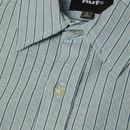 HUF Big Block Striped SS Shirt in Light Blue met yarn dyed block stripes en HUF-gegraveerde knoppen, verkrijgbaar bij Revert 95 Haarlem