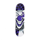 Birdhouse Greyson Fletcher Joker skateboard deck 8.25 inch, 7-ply North American Hard Rock Maple popsicle pro model Greyson Fletcher met Joker jester graphic in paars zwart grijs en wit 32 inch lang wheelbase 14.252 inch assorted top stain, verkrijgbaar bij Revert 95 Haarlem