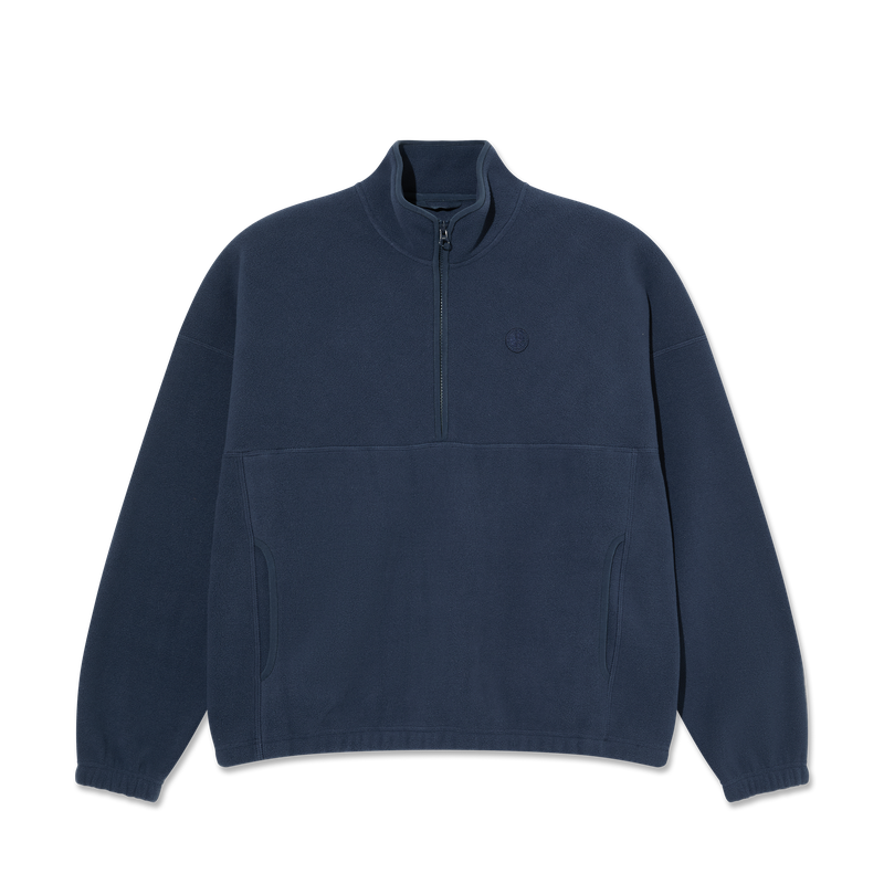 Polar Skate Co Fleece Pullover Navy – half-zip fleece met hoge kraag, twee zakken en geborduurd Polar-logo in navy kleur.
