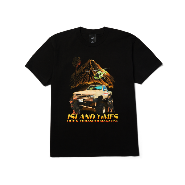 HUF x Thrasher Island Times SS Tee – zwart T-shirt van 100% katoen met Island Times-print van truck, vulkaan en honden
