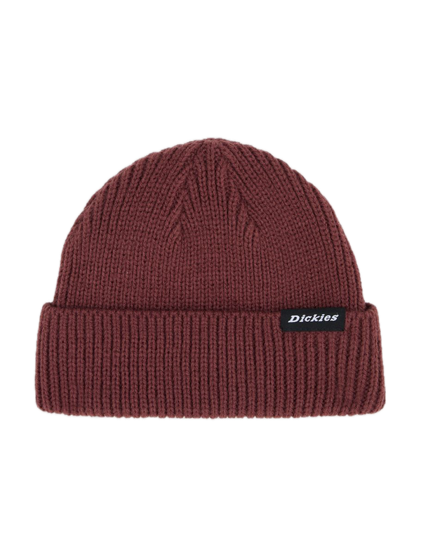 Dickies Woodworth Beanie Andorra – bordeauxrode acryl beanie met omgeslagen rand en Dickies-logo patch