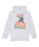 Element x Floor Van Het Nederend Pizza Kids Sweater Mid Grey Heather met geborduurd Malvin The Cat hoofd op de linkerborst en full-color Pizza backprint, verkrijgbaar bij Revert 95 Haarlem