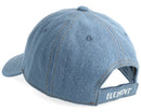 Element x Floor Van Het Nederend Snacks Dad Cap in Rinse, light blue denim 6-panel met contrasterende bruine stiknaad en geborduurd Malvin The Cat hoofd op de front crown, verkrijgbaar bij Revert 95 Haarlem