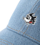 Element x Floor Van Het Nederend Snacks Dad Cap in Rinse, light blue denim 6-panel met contrasterende bruine stiknaad en geborduurd Malvin The Cat hoofd op de front crown, verkrijgbaar bij Revert 95 Haarlem