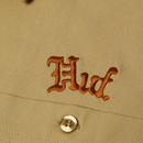 HUF Fantasies SS Work Shirt in Tan met "I Dream of Fantasies" backprint, vrouwenportret in doornenkrans en goudkleurige sterren, verkrijgbaar bij Revert 95 Haarlem