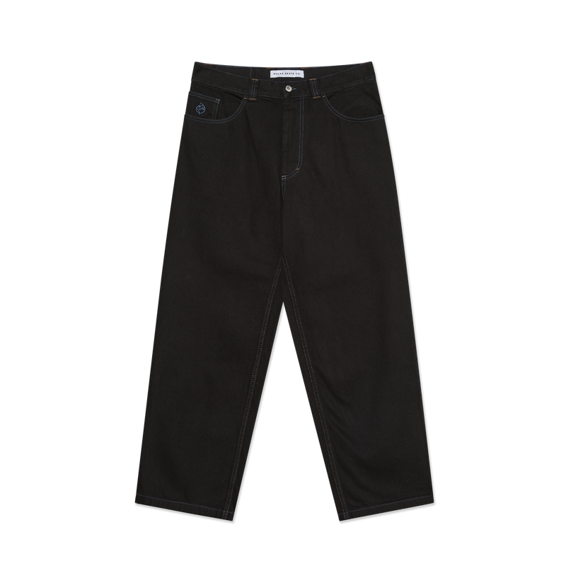 Polar Skate Co Big Boy Pants Black Blue Stitching – denim broek van 100% katoen met losse pasvorm, blauwe stiksels en Big Boy-logo op de coin pocket.