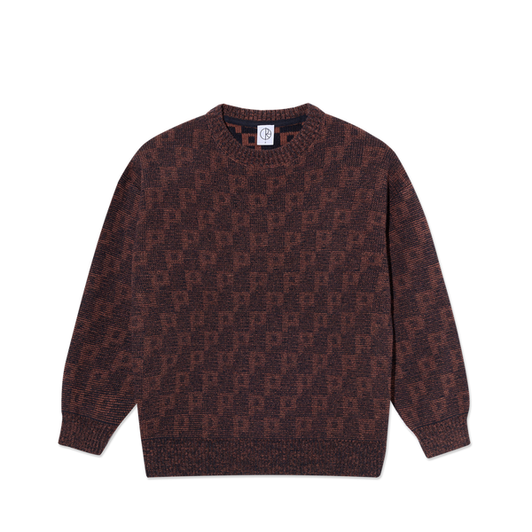 Polar Skate Co George Sweater P Pattern Navy Orange – gebreide trui van wolmix met all-over ‘P’ patroon in navy en oranje kleuren.