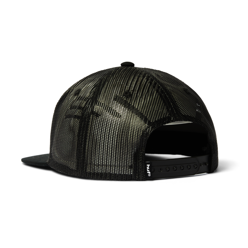 HUF x Thrasher Logo Twill Trucker – zwarte trucker cap met geborduurd groen HUF x Thrasher-logo, mesh achterkant en verstelbare snapback