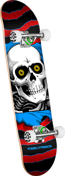 Powell Peralta Ripper One Complete Skateboard Red Blue 7.0 inch, hard yellow birch AirLam pressed complete met Mini Logo trucks Powell Peralta 53mm 90A wielen Mini Logo lagers en zwarte griptape Ripper graphic van VC Johnson uit 1983 volledig gemonteerd, verkrijgbaar bij Revert 95 Haarlem