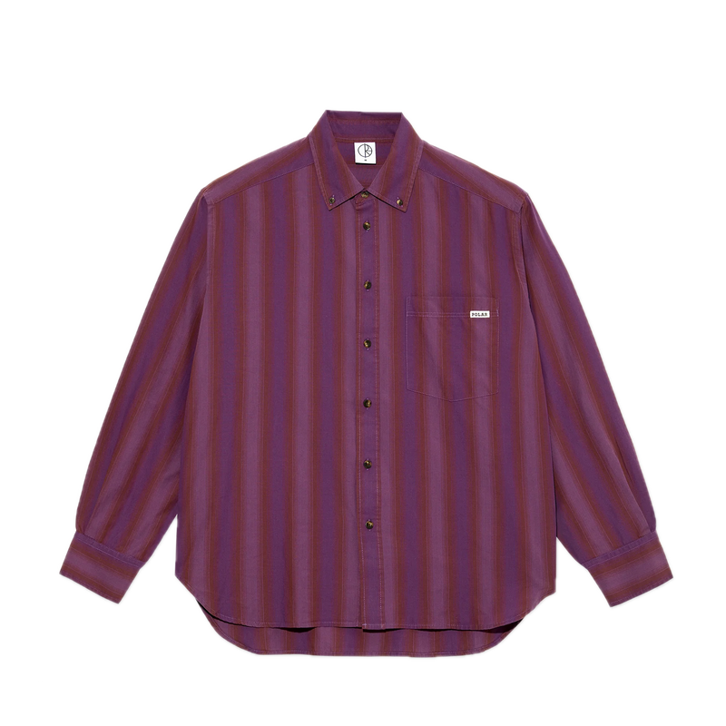 Polar Skate Co Ben LS Shirt Purple Stripe – loose fit langemouwen shirt in paarse strepen met knoopsluiting en subtiele branding