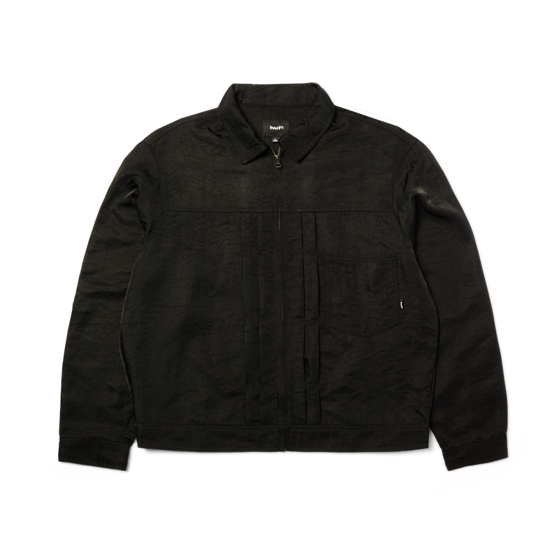 HUF x Thrasher Trucker Jacket – zwart denim jack met grote Thrasher-print op de rug en subtiel HUF-logo, ritssluiting en klassieke trucker-fit