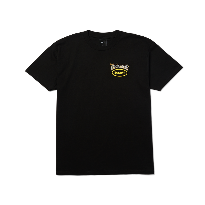 HUF x Thrasher Meltdown SS Tee – zwart T-shirt met HUF x Thrasher-logo op borst en vulkaan-backprint uit de Meltdown-serie