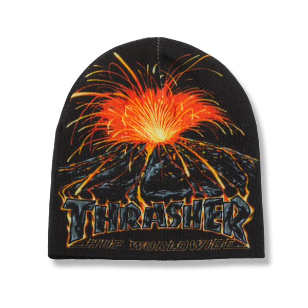 HUF x Thrasher Meltdown Reversible Beanie – dubbelzijdige muts met vulkaanprint aan de ene kant en HUF x Thrasher-logo aan de andere, gemaakt van zachte acrylstof