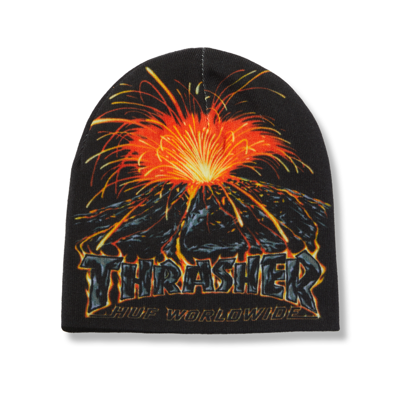 HUF x Thrasher Meltdown Reversible Beanie – dubbelzijdige muts met vulkaanprint aan de ene kant en HUF x Thrasher-logo aan de andere, gemaakt van zachte acrylstof