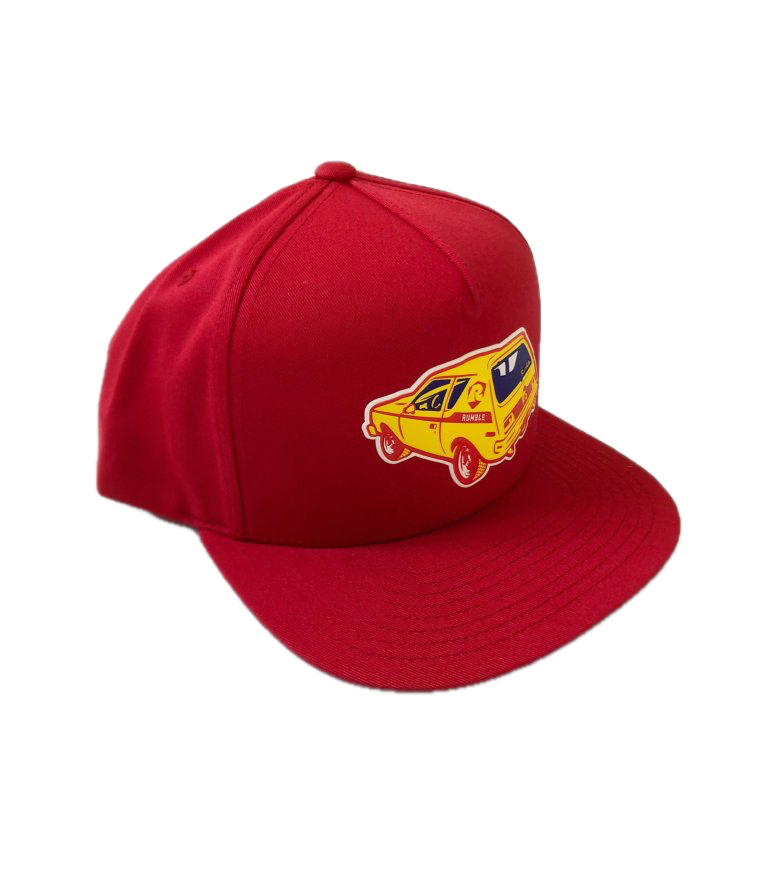 Rumble Red Gremlin Baseball Cap – rode baseball cap met gele Gremlin-auto patch en verstelbare strapback-sluiting
