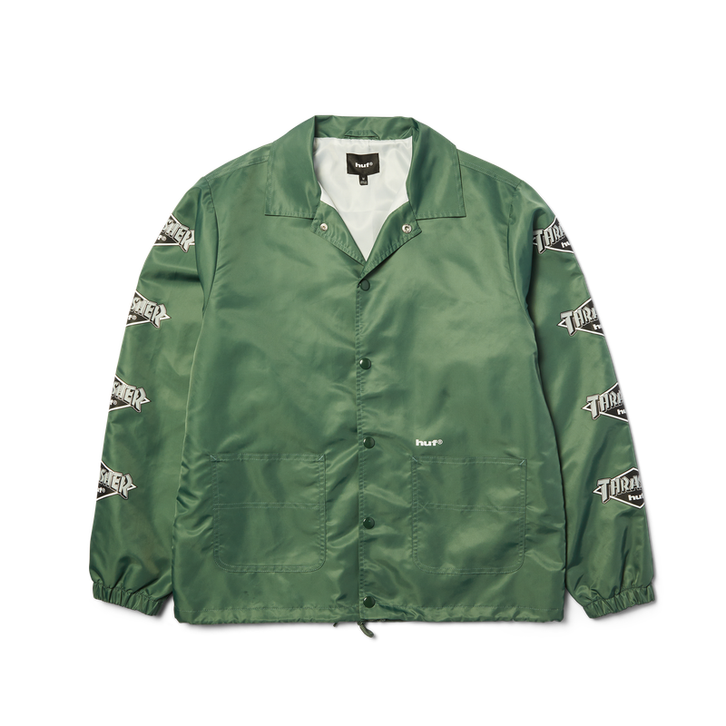 HUF x Thrasher Logo Jacket – donkergroen nylon jack met groot HUF x Thrasher-logo op de rug en sleeve-prints, waterafstotend en met meshvoering