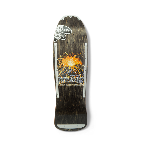 HUF x Thrasher Meltdown Cruiser Deck – old-school cruiser skateboarddeck met vulkaanprint en HUF x Thrasher-logo, gemaakt van 7-laags esdoorn