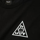 Huf x Spitfire Sticker Triple Triangle T-Shirt, t-shirt van 100% cotton met geprinte artwork op linkerborst en achterkant, verkrijgbaar in Black en White, classic fit, verkrijgbaar bij Revert 95 Haarlem