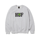Huf x Spitfire Union Crewneck Sweatshirt Heather Grey, pullover crewneck van 80/20 cotton-poly fleece met geborduurde artwork op de borst, verkrijgbaar bij Revert 95 Haarlem