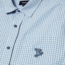 HUF Stuck On You Short Sleeve Plaid Shirt in Ice Blue, poly cotton viscose blend 130G relaxed fit plaid shirt met yarn-dyed textured plaid embroidered artwork op linker borstzak button-down front engraved buttons en HUF woven label in frisse lichtblauwe Ice Blue colorway, verkrijgbaar bij Revert 95 Haarlem