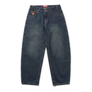 Butter Goods Santosuosso Denim Jeans in Streaky Navy, 100% cotton denim ultra baggy tapered fit met contrasting stitching geborduurd Philly coin stash pocket PU belt patch en flag label branding, verkrijgbaar bij Revert 95 Haarlem