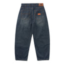 Butter Goods Santosuosso Denim Jeans in Streaky Navy, 100% cotton denim ultra baggy tapered fit met contrasting stitching geborduurd Philly coin stash pocket PU belt patch en flag label branding, verkrijgbaar bij Revert 95 Haarlem