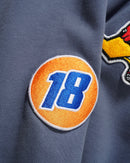 Cash Only Service Zip Thru Hood in Washed Navy met mineral wash behandeling, geborduurde patches all over en volledige ritsluiting, verkrijgbaar bij Revert 95 Haarlem