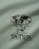 Butter Goods Terrain T-Shirt in Dull Mint, 100% katoen 230gsm regular fit met ribbed collar en vintage-style All Terrain Equipment screen print op voor- en achterkant in gedempte mintgroene kleur, verkrijgbaar bij Revert 95 Haarlem