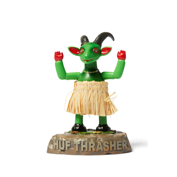 HUF x Thrasher Hula Goat – groene dansende geit met rieten rok op HUF THRASHER-basis, limited edition collab collectible