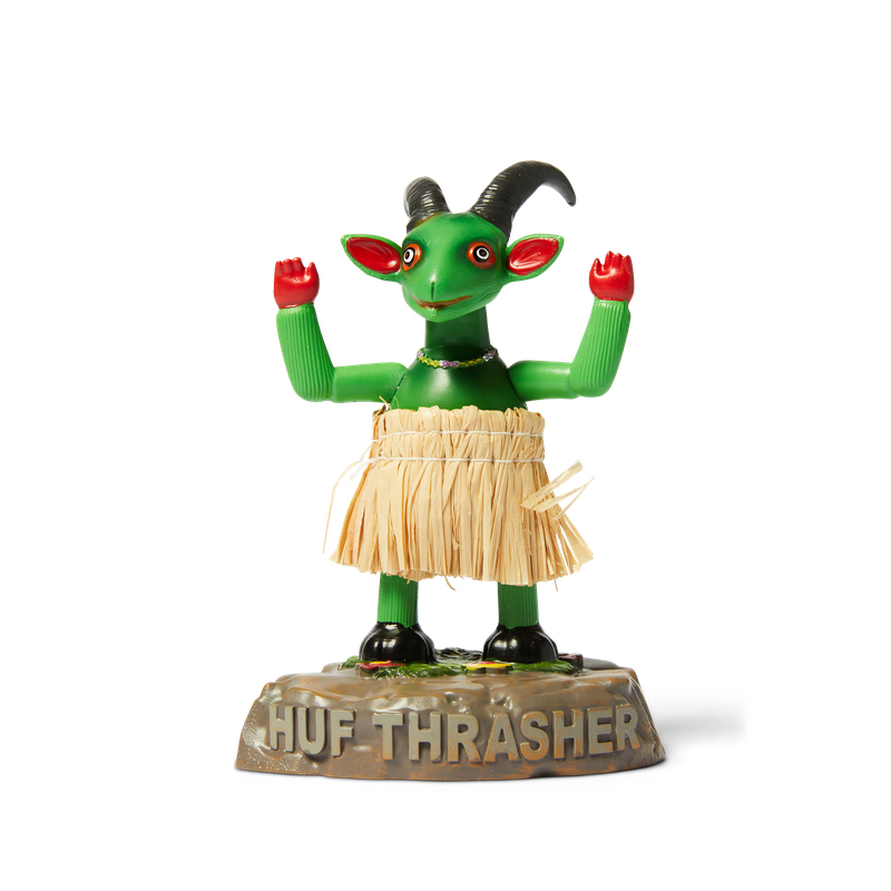 HUF x Thrasher Hula Goat – groene dansende geit met rieten rok op HUF THRASHER-basis, limited edition collab collectible