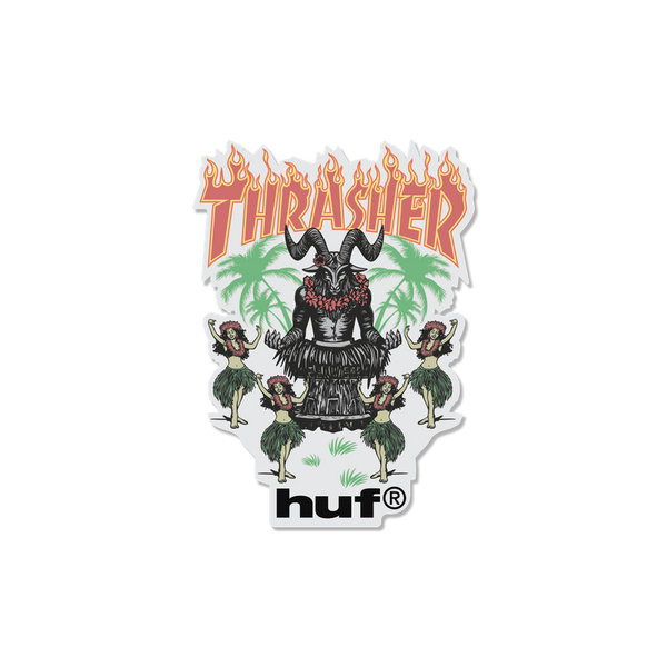 HUF x Thrasher Goat Luau Sticker – tropische vinyl sticker met dansende geit, Thrasher-logo en kleurrijk HUF-design